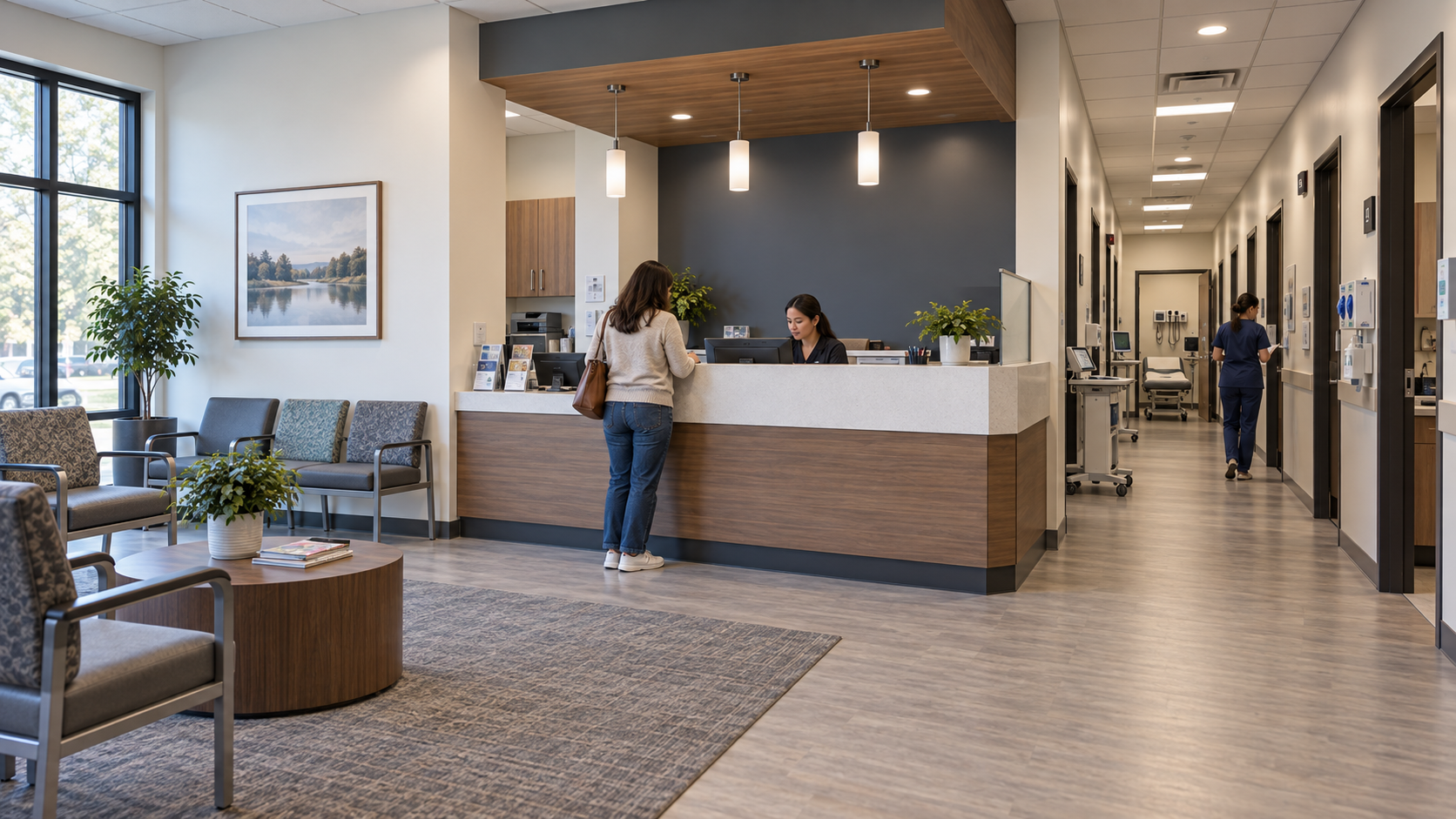 Urgent care clinic interior with reception, clinical staff and patient care areas
